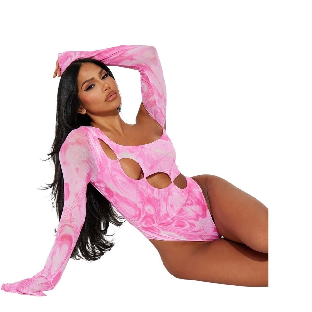 Fashion‎ Nova Pink Marble Mesh One Shoulder Cut Out Bodysuit XL - Picture 3 of 6